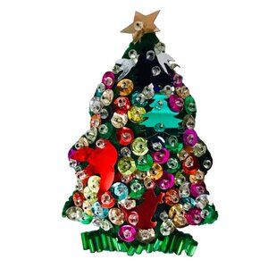 Vintage Sequined Beaded Christmas Tree Brooch Pin Fabric Hand Sewn 3" Handmade